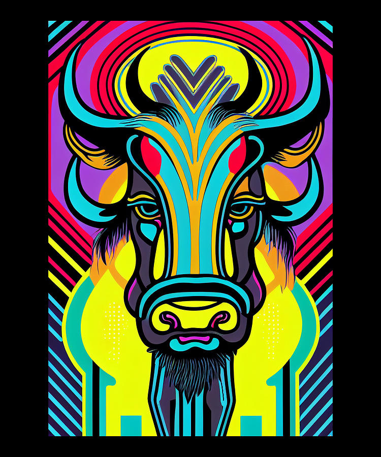 Stoned Psychedelic Bison Neon Portrait Digital Art by Cosmic Coyboys ...