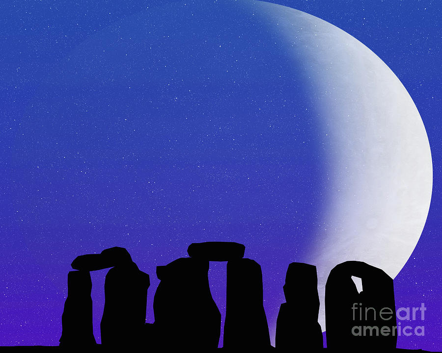 Stonehedge diring an ancient time with a lage moon Digital Art by Timothy OLeary