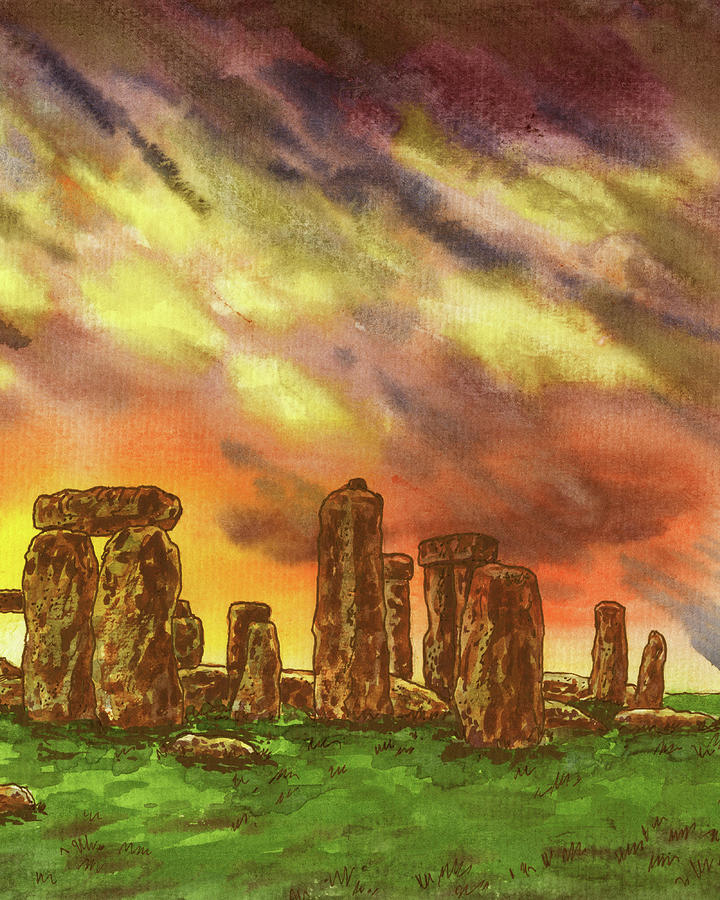 Stonehenge Watercolor Painting At Sunset Painting