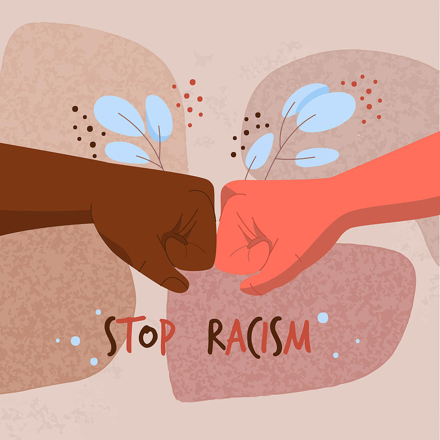 Typography Drawing - Stop racism illustration black lives matter concept say no to racism multiracial hands fists by Mounir Khalfouf