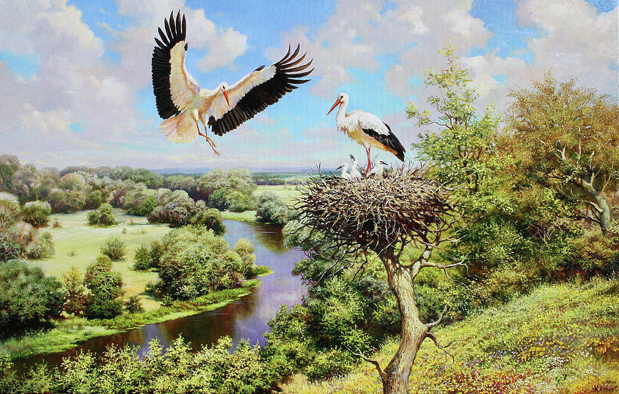 Wildlife Painting - Stork Family by Serhiy Kapran