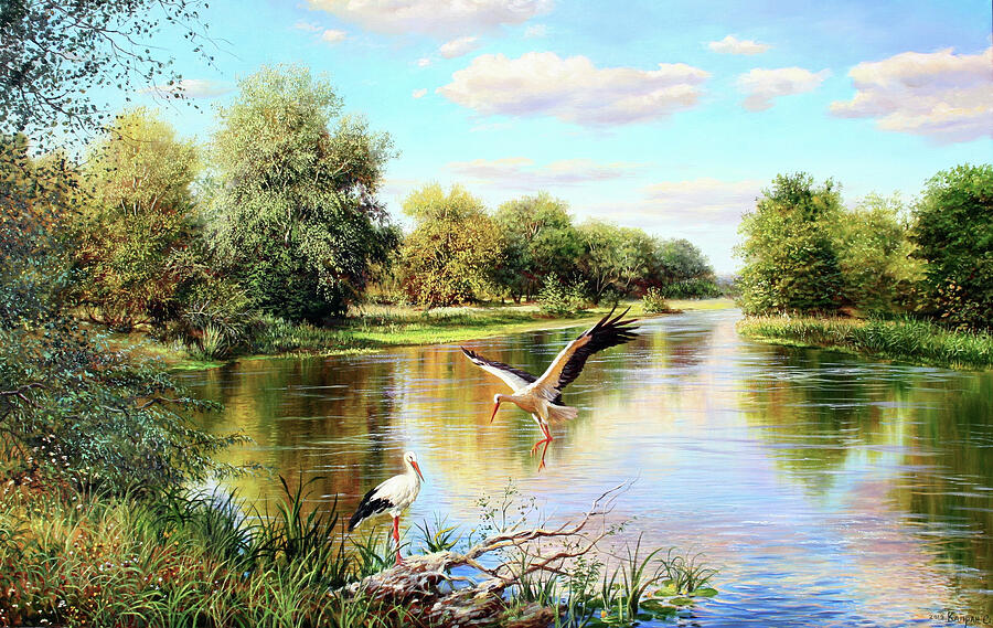 Storks by the River Painting by Serhiy Kapran - Fine Art America