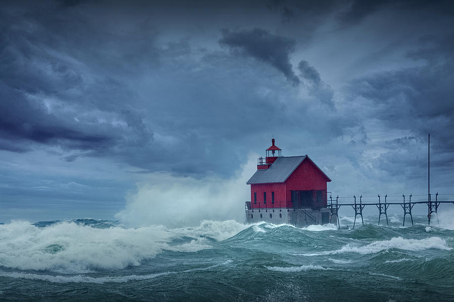 Storm at the Grand Haven Lighthouse on Lake Michigan Photograph by Randall Nyhof