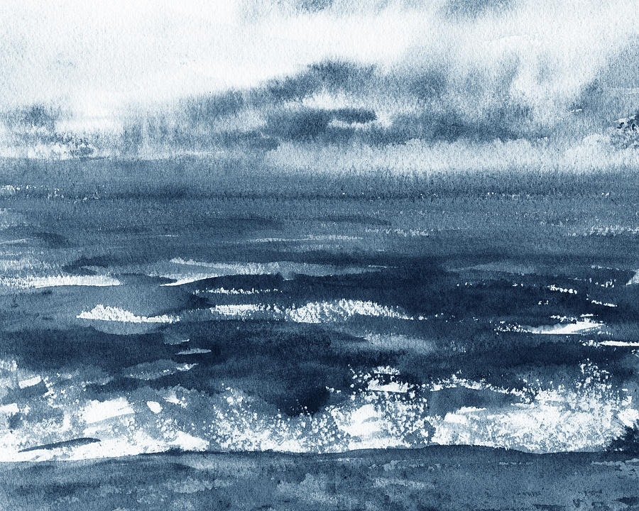 Storm Before Ocean Still Blue Seascape Watercolor  Painting by Irina Sztukowski