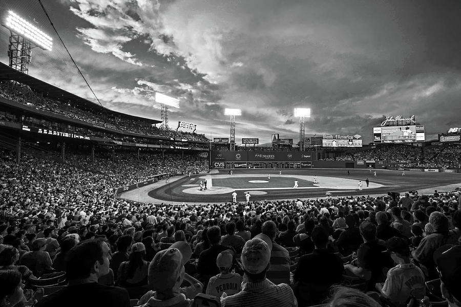 Storm clouds over Fenway Park Boston MA Black and White Photograph by Toby McGuire
