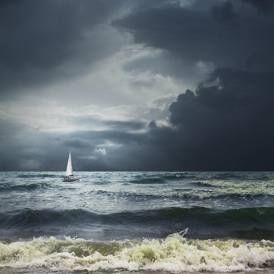 Storm sea landscape with white ship Photograph by O-che