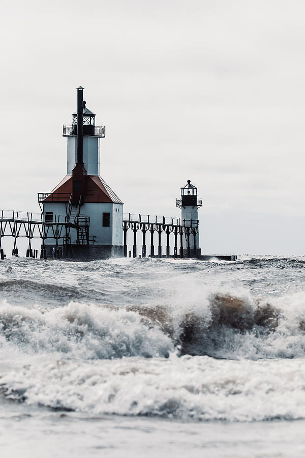 Storm Waves St. Joseph Lighthouses Michigan Photograph by Dan Sproul