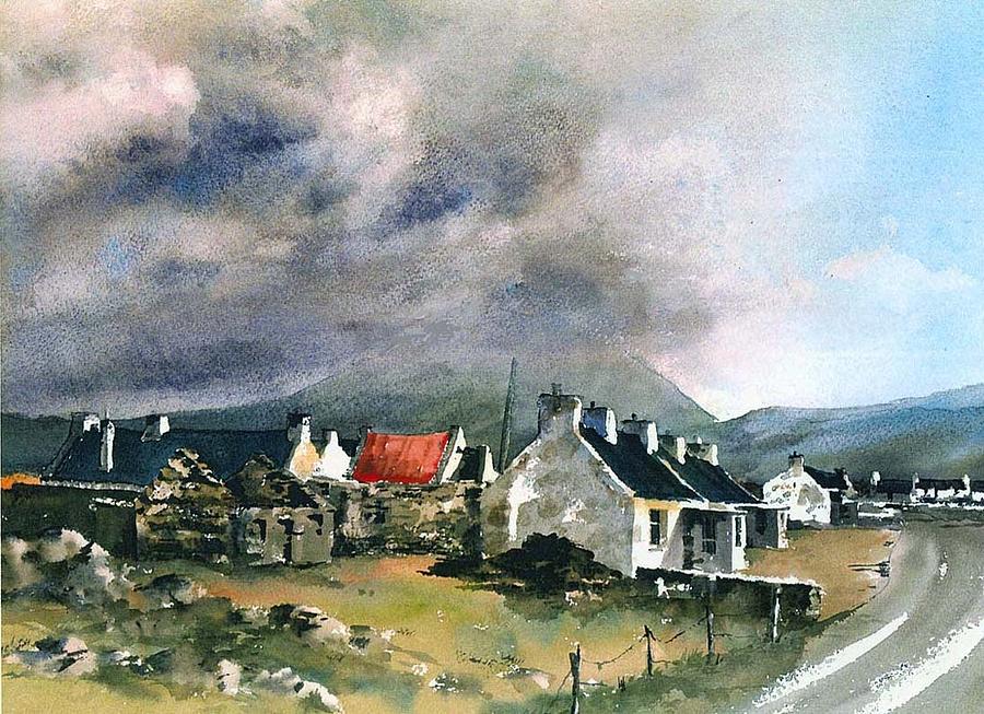 Stormclouds over Keel Village, Achill, Mayo Painting by Val Byrne