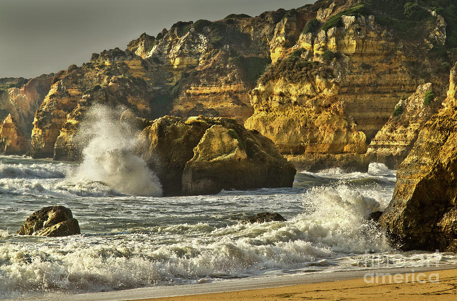 STORMING SEA WAVES BREAKING INTO COLOURFUL CLIFFS, Portugal, Algarve, Donna Anna, FANTASTIC Photograph by Tatiana Bogracheva