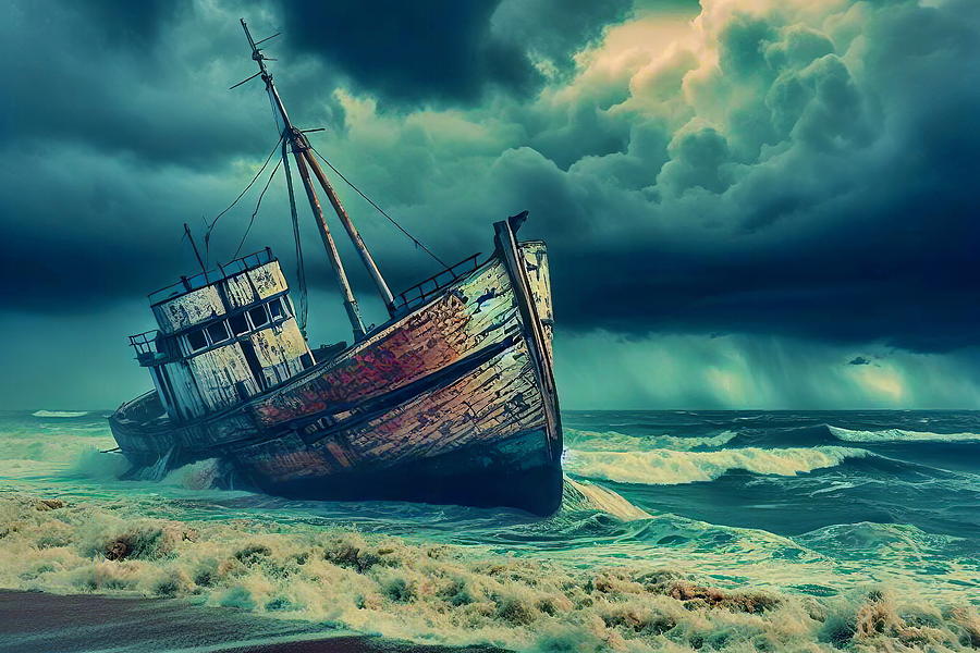 Storms Embrace - A shipwreched Amidst Turbulent Tides Photograph by Russ Harris