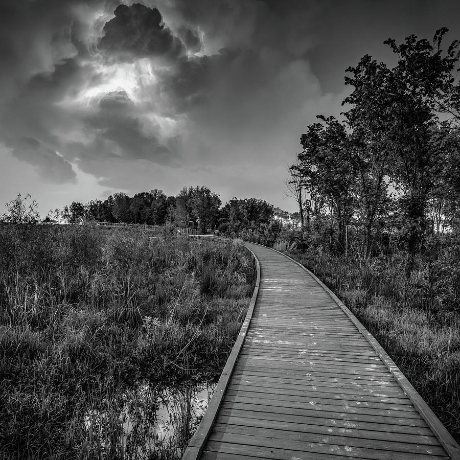 Stormy Boardwalk In Osage Park - Black And White - Bentonville Arkansas Photograph by Gregory Ballos