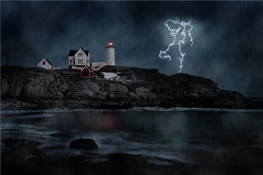 Nubble Lighthouse Photograph - Stormy Night by Sandra Marie Photography Nubble Lighthouse Photograph - Stormy Night by Sandra Marie Photography