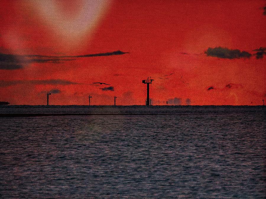 Stormy Red Sky Embley River Looking Out To Sea Mixed Media by Joan Stratton