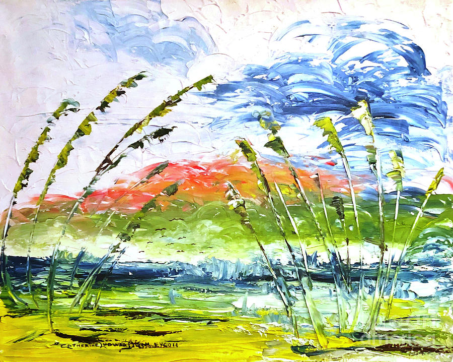 Waves and Sea Oats -- Abstract Oil Painting  Painting by Catherine Ludwig Donleycott