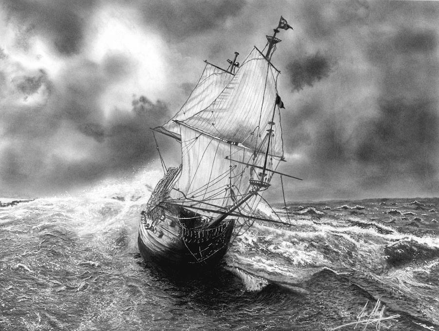 Stormy Sea Sail Ship Drawing by James Schultz