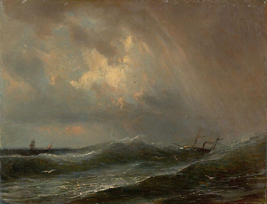 Stormy Painting - Stormy sea with capsizing ship by Robert Kummer