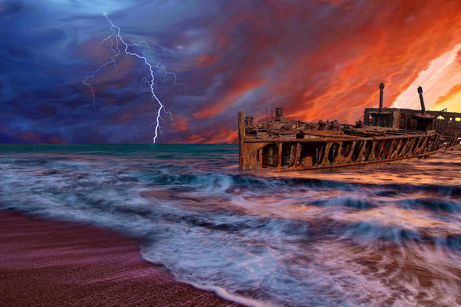 Stormy Shipwreck Sunset Digital Art by Ally White