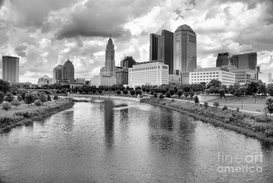 Stormy Skies Over The Columbus Skyline Black And White Photograph by Adam Jewell