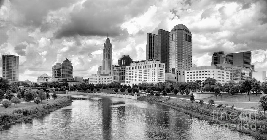Stormy Skies Over The Columbus Skyline Panorama Black And White Photograph by Adam Jewell