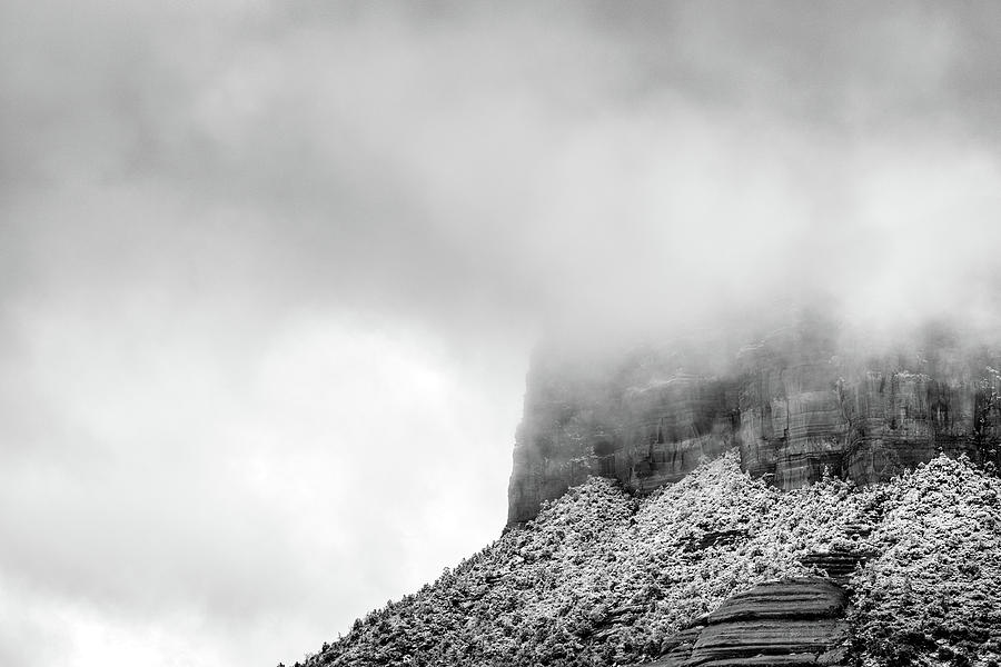 Black And White Photograph - Stormy Snowy Sedona Mountain Top by Good Focused