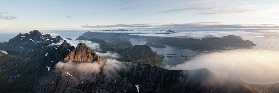 Stortinden Mountain Cloud inversion aerial flakstadoya Lofoten islands Photograph by Sonny Ryse
