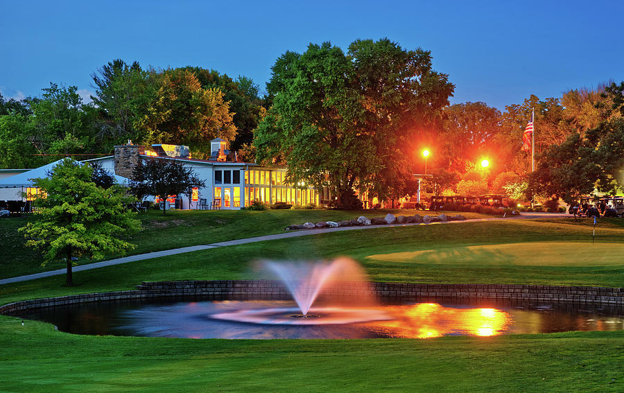 Stoughton Country Club clubhouse and fountain pond at night Photograph by Peter Herman