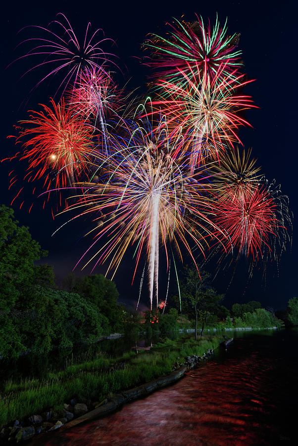 Stoughton Fireworks 2021 above the Yahara River Photograph by Peter Herman