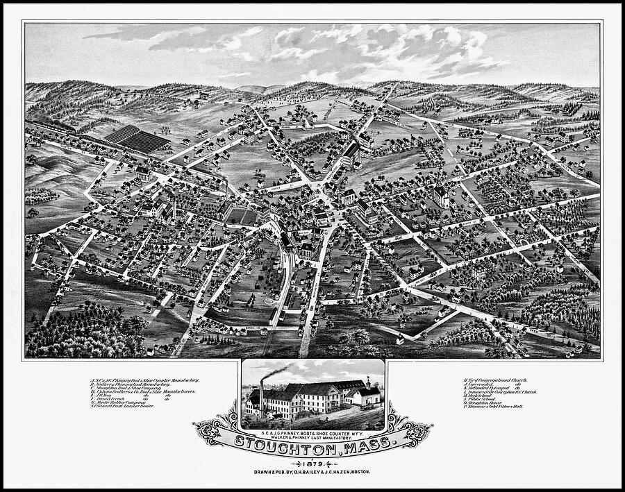 Stoughton Massachusetts Vintage Map Birds Eye View 1879 Black and White ...