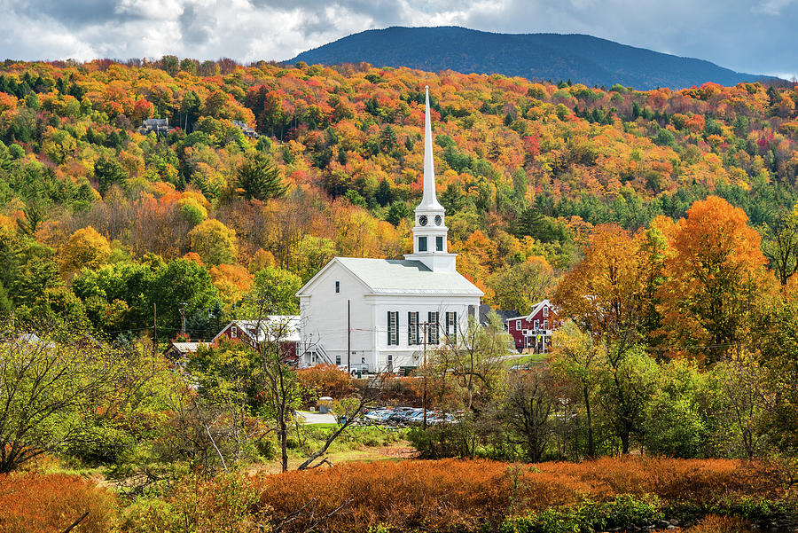 Fall Photograph - Stowe Community Church with Fall Colors by Jatin Thakkar