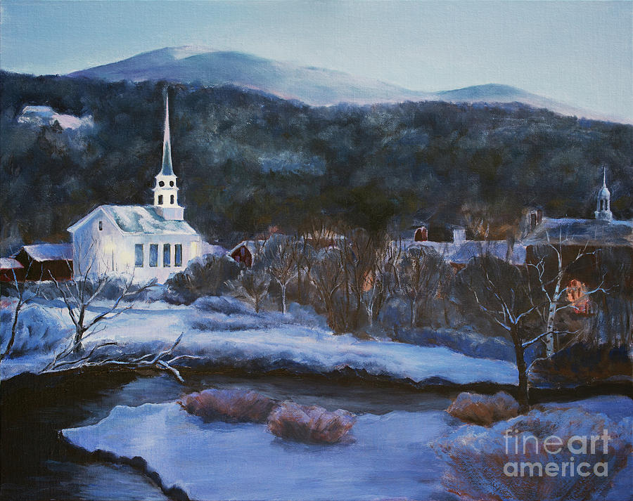 Landscape Painting - Stowe Vt. with snow at twilight by Kitty Korzun Moore