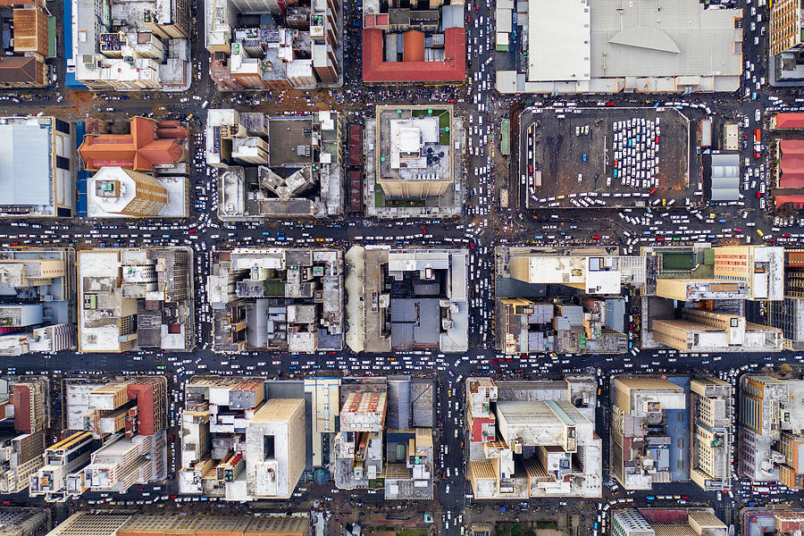 Straight down aerial view of peak hour traffic in the Johannesburg City Centre Photograph by Martin Harvey