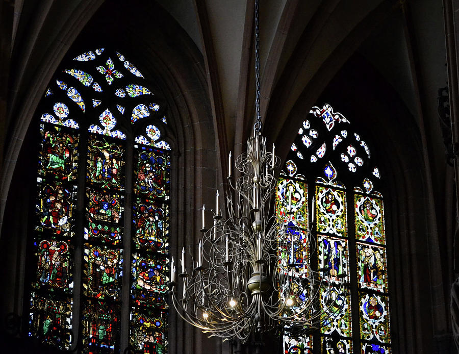 Strasbourg Cathedral Stained Glass and Chandelier Photograph by Nadalyn Larsen