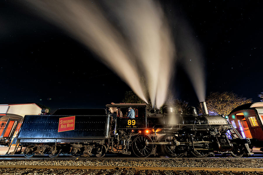 Strasburg Railroad steam locomotive #89 at night Photograph by Jim Pearson
