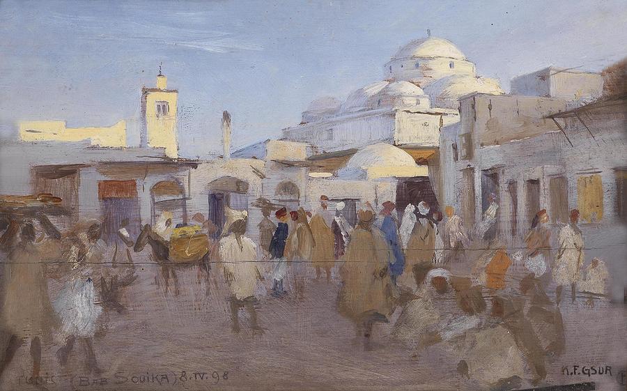 Strassenszene im Sonk von Tunis Painting by Karl Friedrich Gsur ...