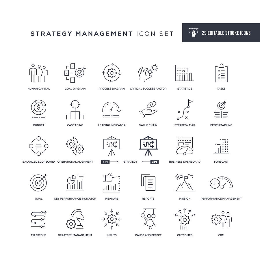 Strategy Management Editable Stroke Line Icons Drawing by Enis Aksoy