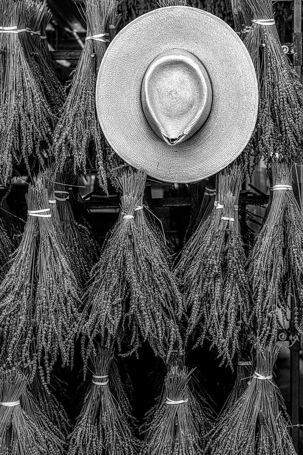 Straw Hat and Lavender Bunches BW Photograph by Susan Candelario