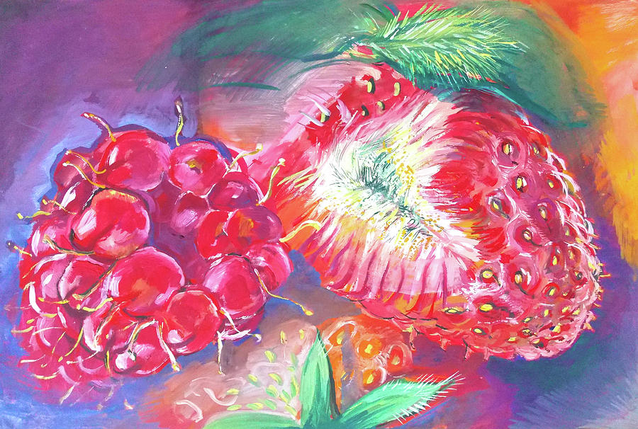 Strawberries and raspberry macro Painting by Katya Atanasova
