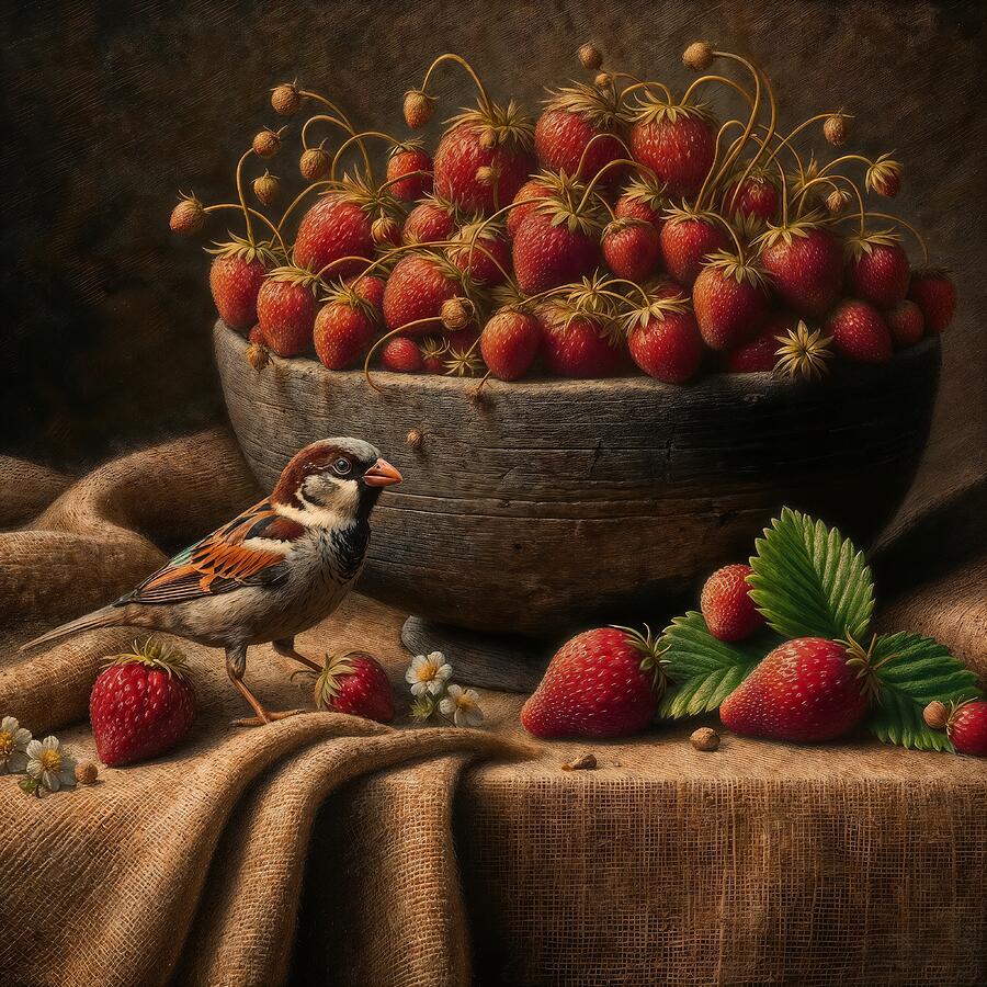 Sparrow Digital Art - Strawberries - still life by Black Papaver