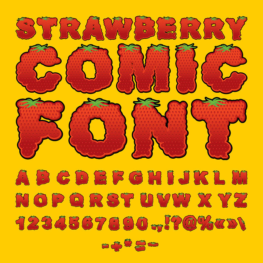 Strawberry comic font. Berry ABC. Red fresh fruit alphabet. Lett Drawing by Samuil_Levich