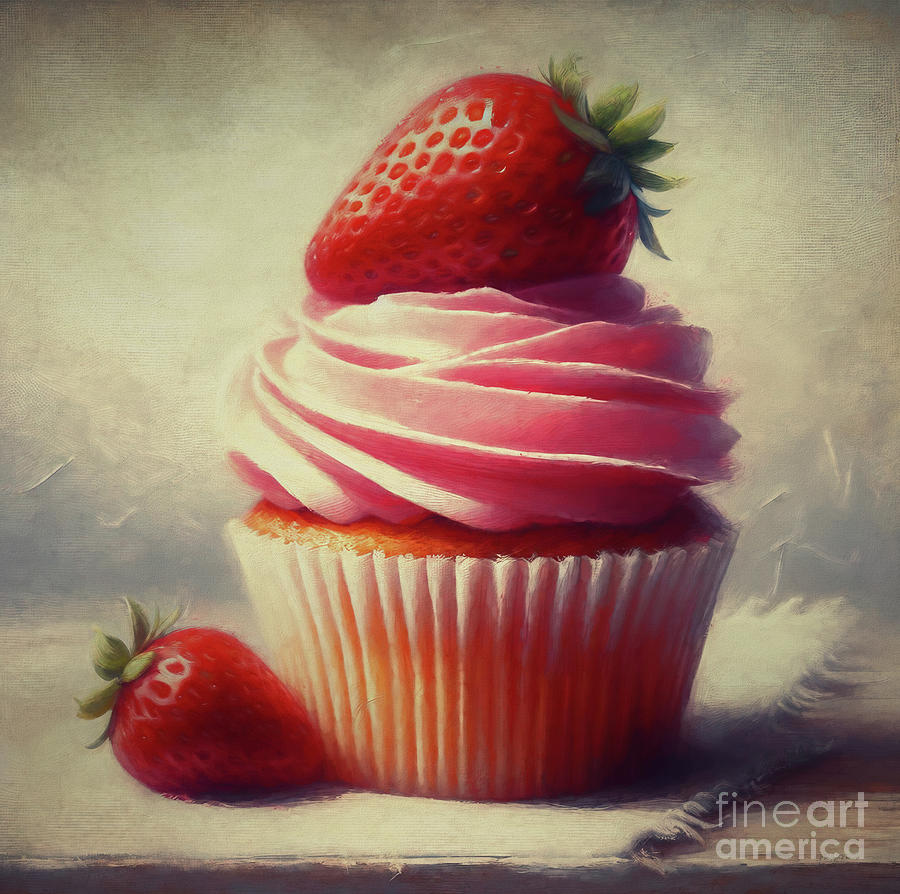 Strawberry Cupcake Painting by Maria Angelica Maira