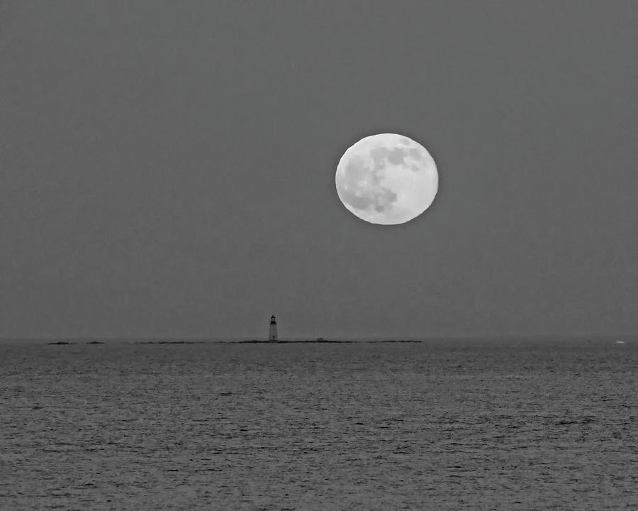 Strawberry Moon over the Graves Lighthouse Boston MA Black and White Photograph by Toby McGuire