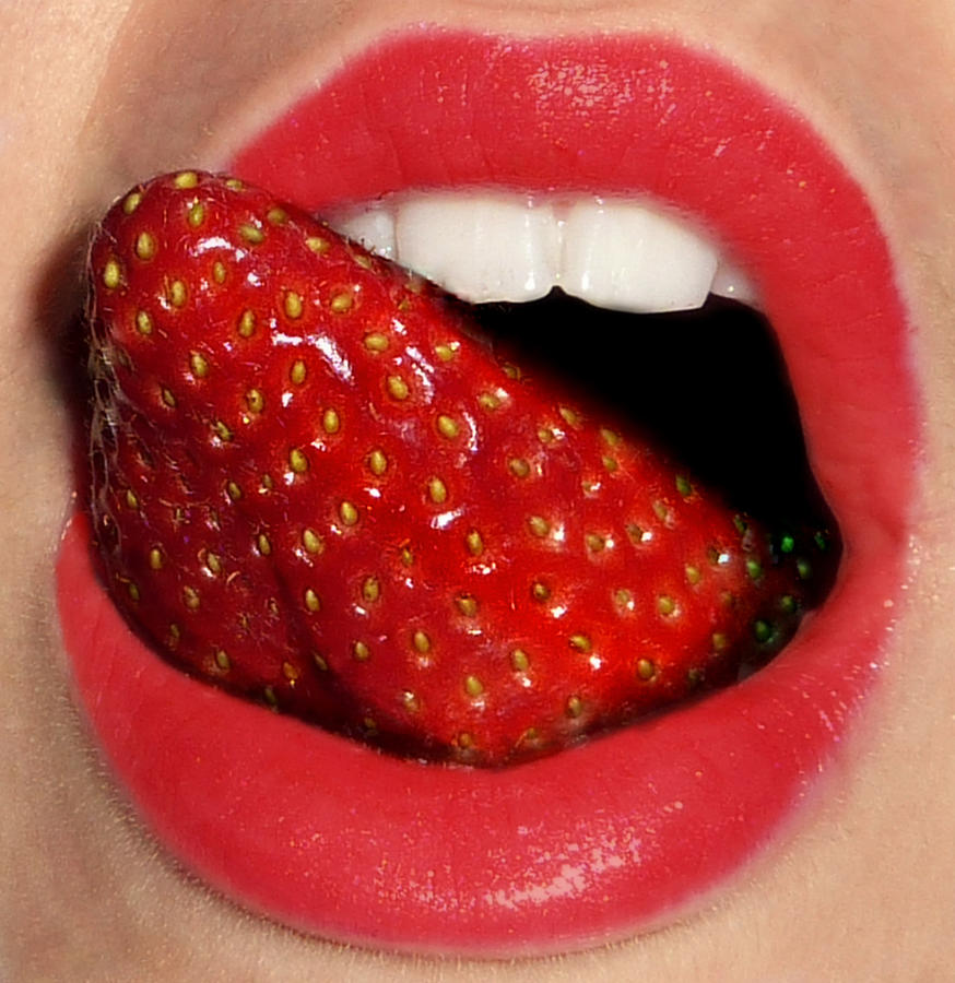 Strawberry tongue lick Photograph by Ottilie Simpson Photography