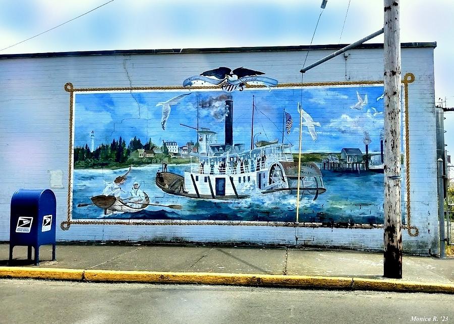 Street Art Mural in Westport Washington with Grays Harbor Lighthouse and The Harbor Belle Ship Painting by Monica Resinger