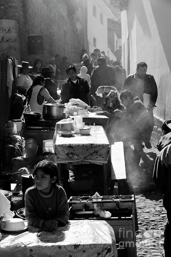Street food stalls black and white Peru Photograph by James Brunker