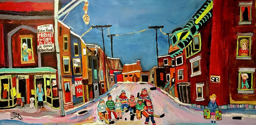 Street Hockey St. Elizabeth/dela Gauchetiere 1949 Painting by Michael Litvack