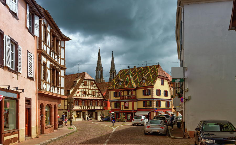 Street, houses and church towers in Obernai, Alsace, France Photograph by Elenarts - Elena Duvernay photo