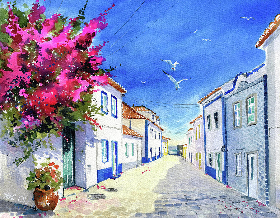 Street In Ericeira Portugal Painting Painting by Dora Hathazi Mendes