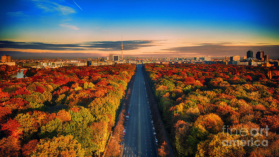 Street of Berlin at sunrise in Autumn landscape photo Photograph by ...