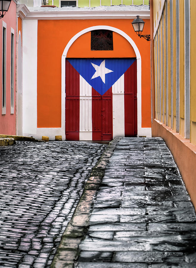 Street of Old San Juan with Puerto Rican Flag Decor Photograph by Phil Cardamone