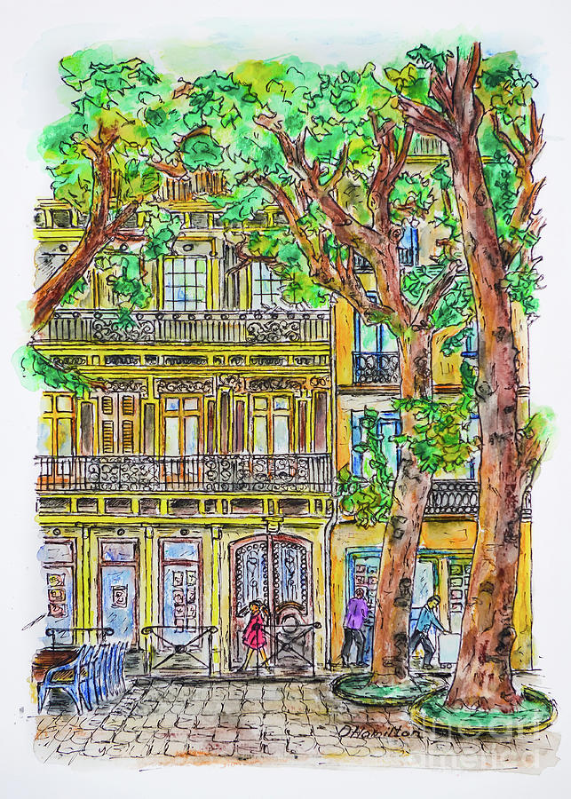 Street Scene Ink and Watercolor Sketch Drawing by Olga Hamilton